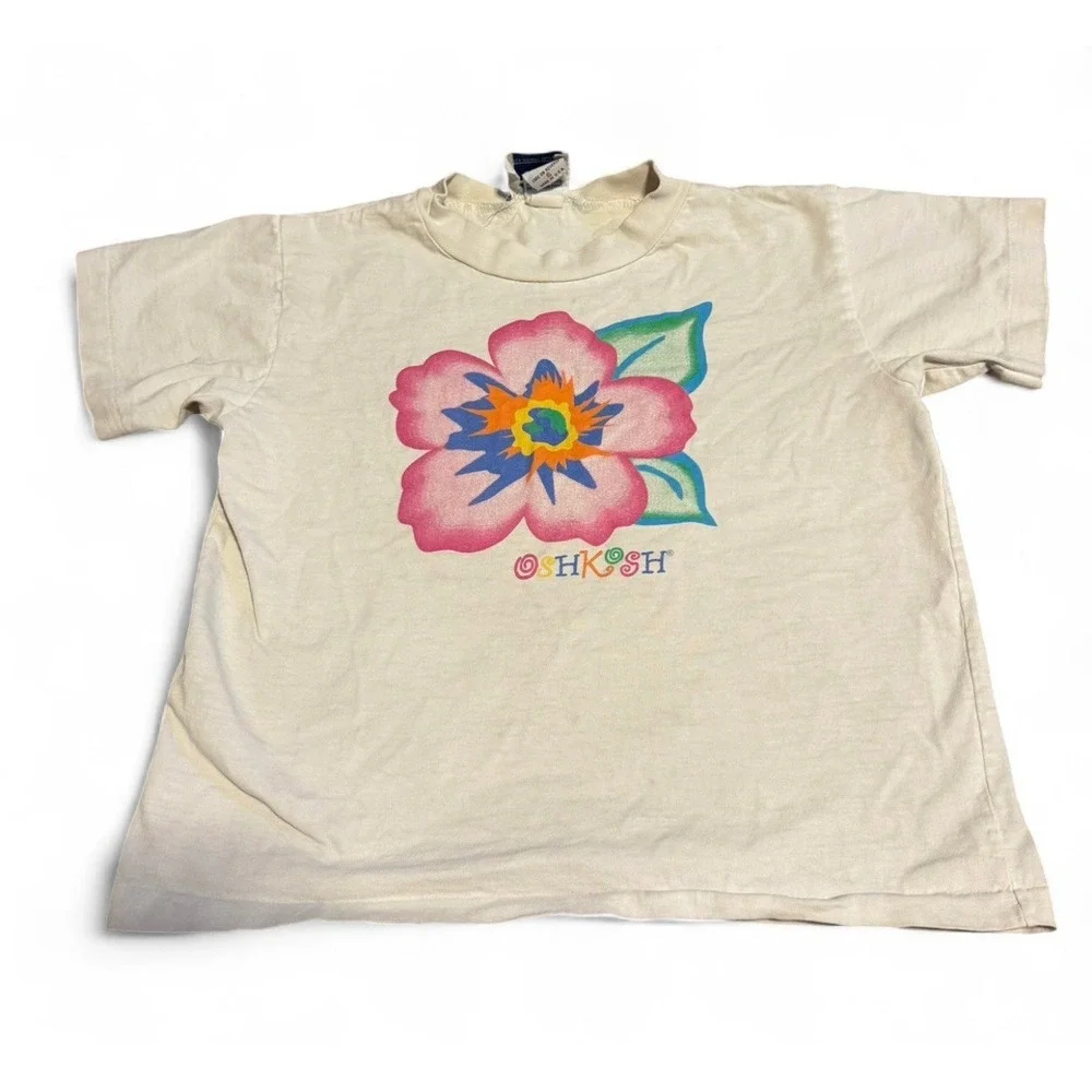 Vintage OshKosh B'Gosh Girls Floral T Shirt Size 6 Cream 90s Y2K